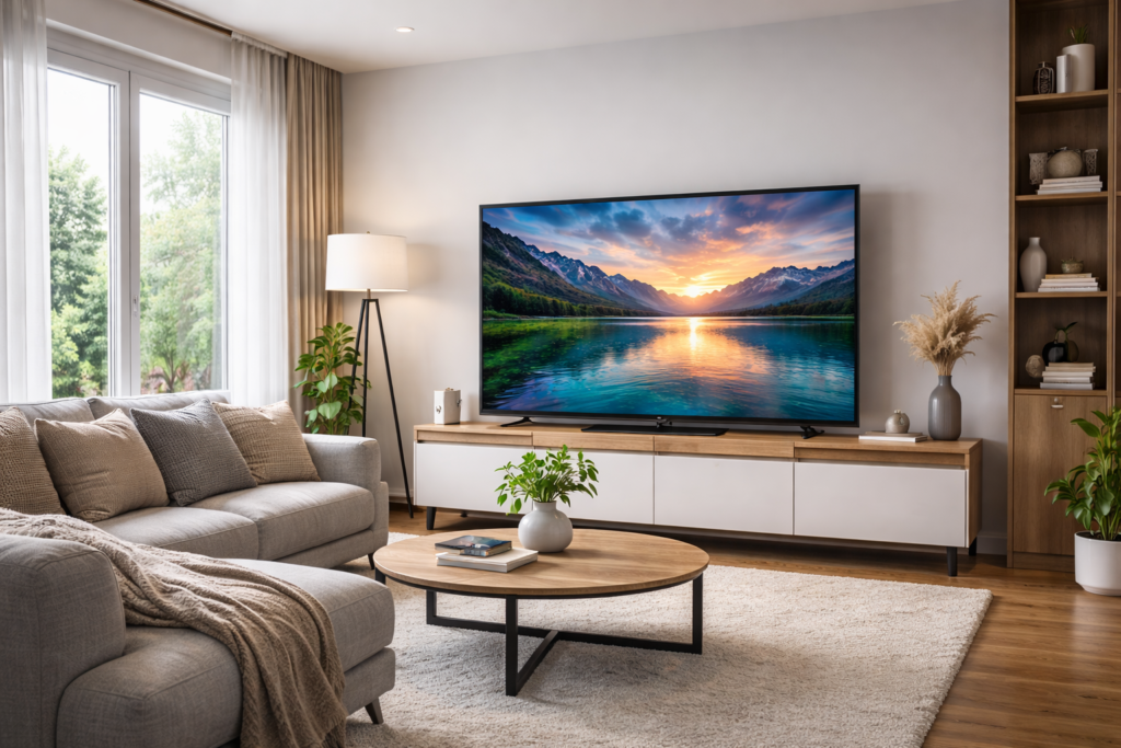 Sala de TV moderna com televisão de tela plana em destaque