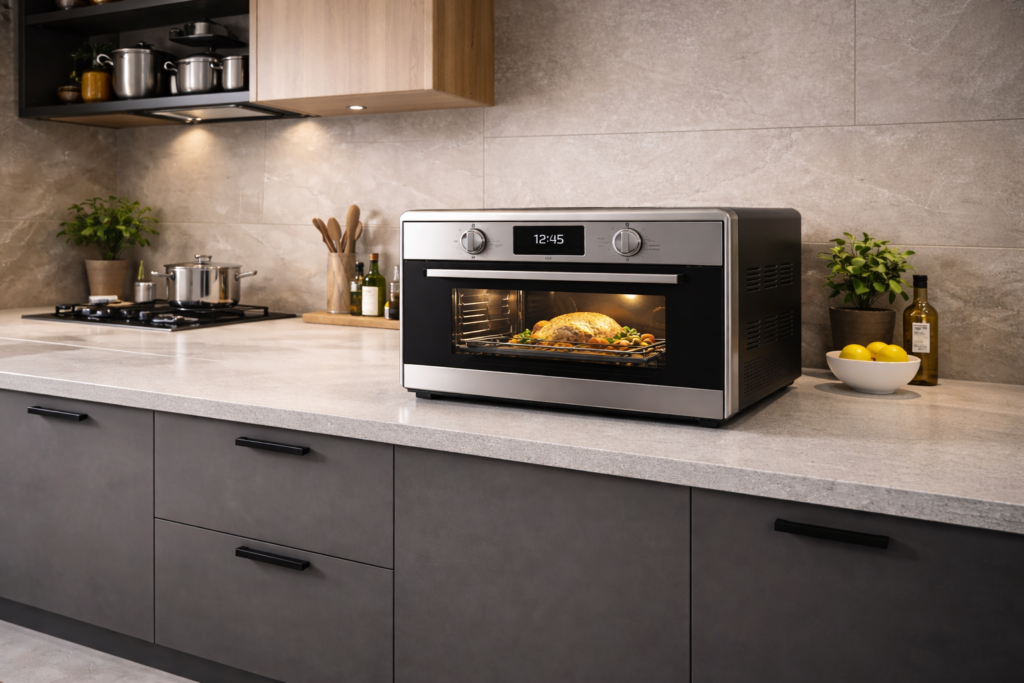 Forno elétrico de bancada sobre balcão.