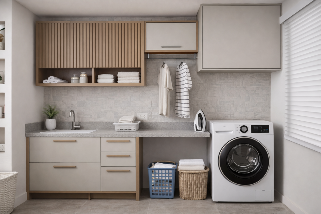 Lava e seca de roupas em lavanderia moderna