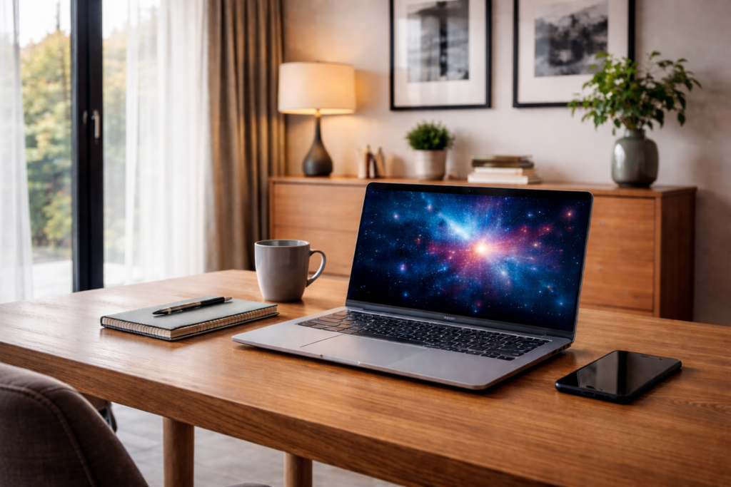 Notebook moderno em mesa de jantar.