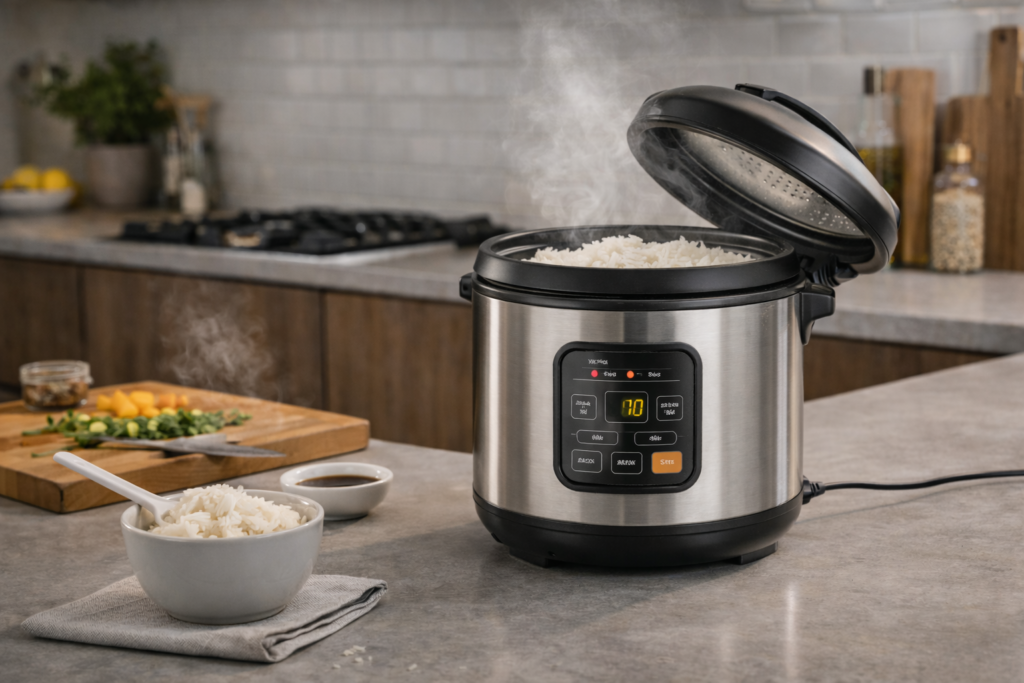Panela de arroz elétrica em funcionamento