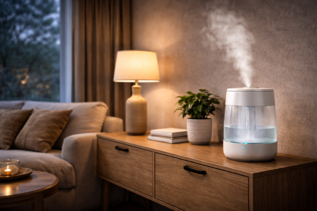 Umidificador de ar ligado em sala de estar moderna, liberando vapor de água