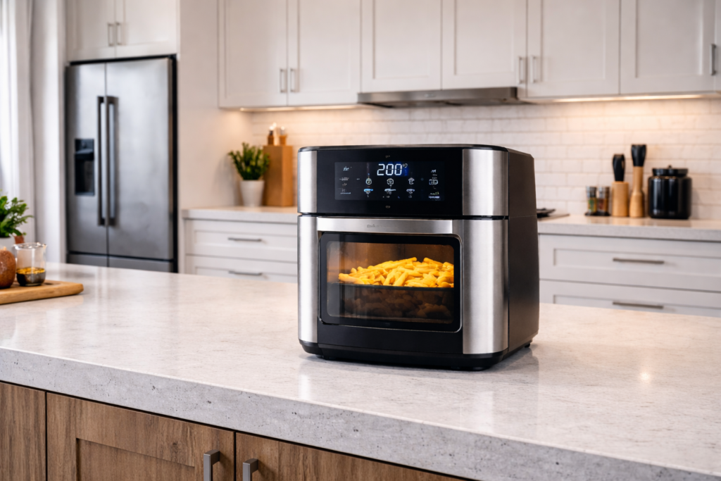 Air fryer moderna em cozinha clara e contemporânea