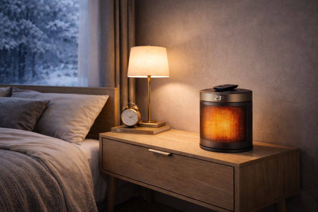 Aquecedor elétrico portátil em quarto moderno durante clima frio