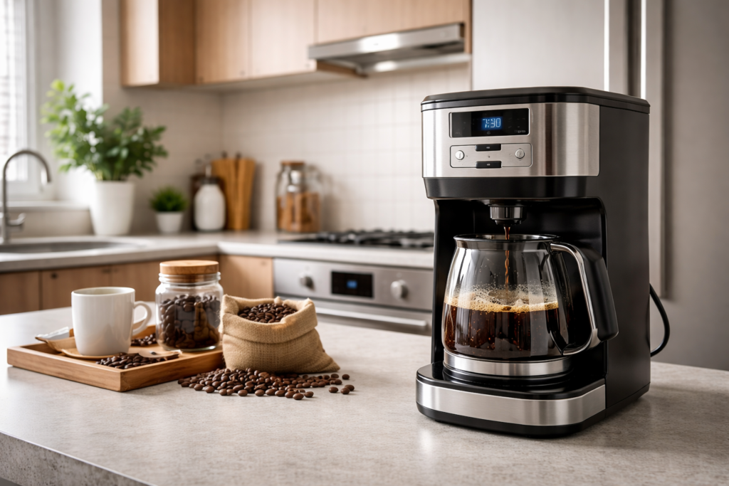 Cafeteira elétrica coando café em cozinha moderna