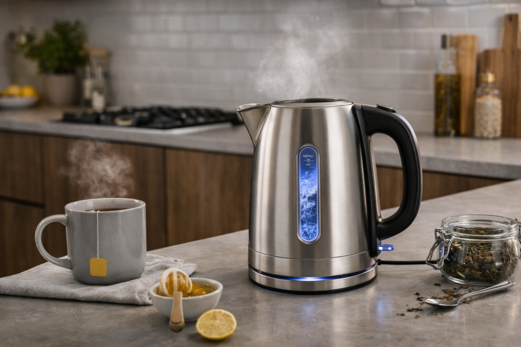 Chaleira elétrica aquecendo água na cozinha