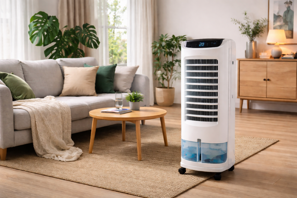 Climatizador de ar portátil em sala de estar moderna