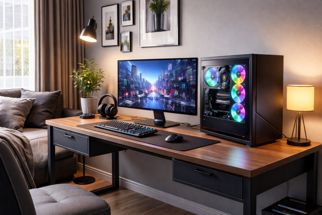 Computador desktop moderno em mesa de trabalho..