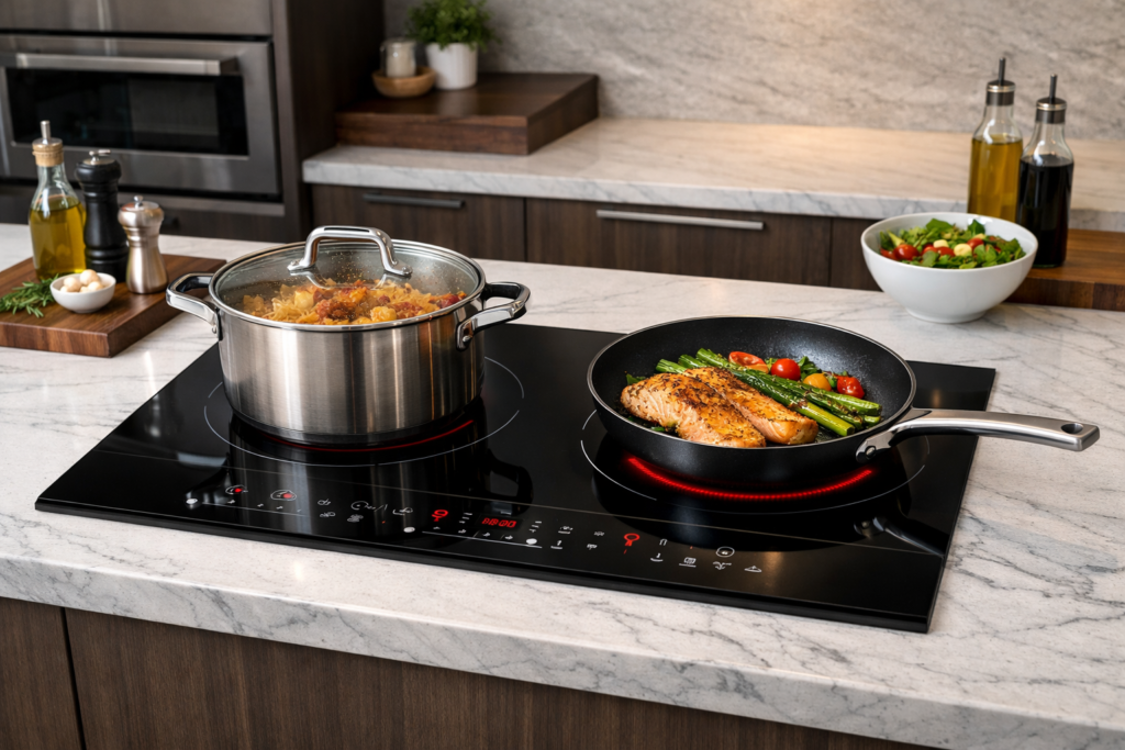 Cooktop de indução instalado em bancada de cozinha, com panelas aquecidas durante o uso