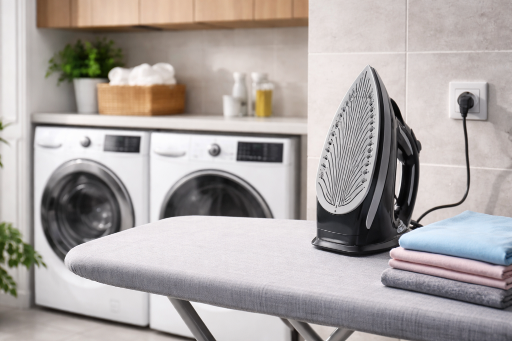 Ferro de passar roupas elétrico em área de serviço.