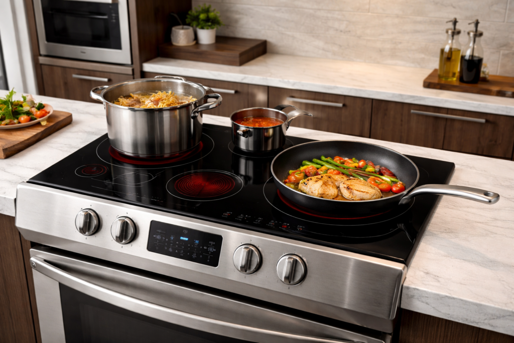 Fogão elétrico em uso, com panelas preparando alimentos sobre bancada de cozinha moderna