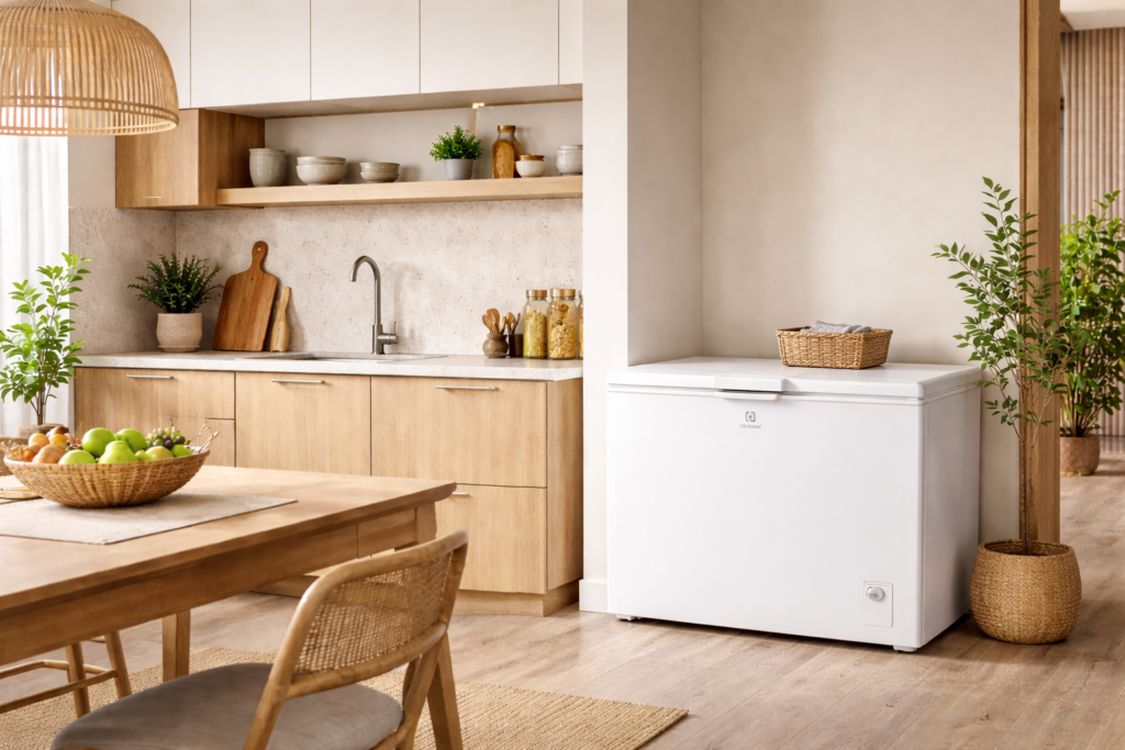 Freezer horizontal em cozinha moderna com design natural