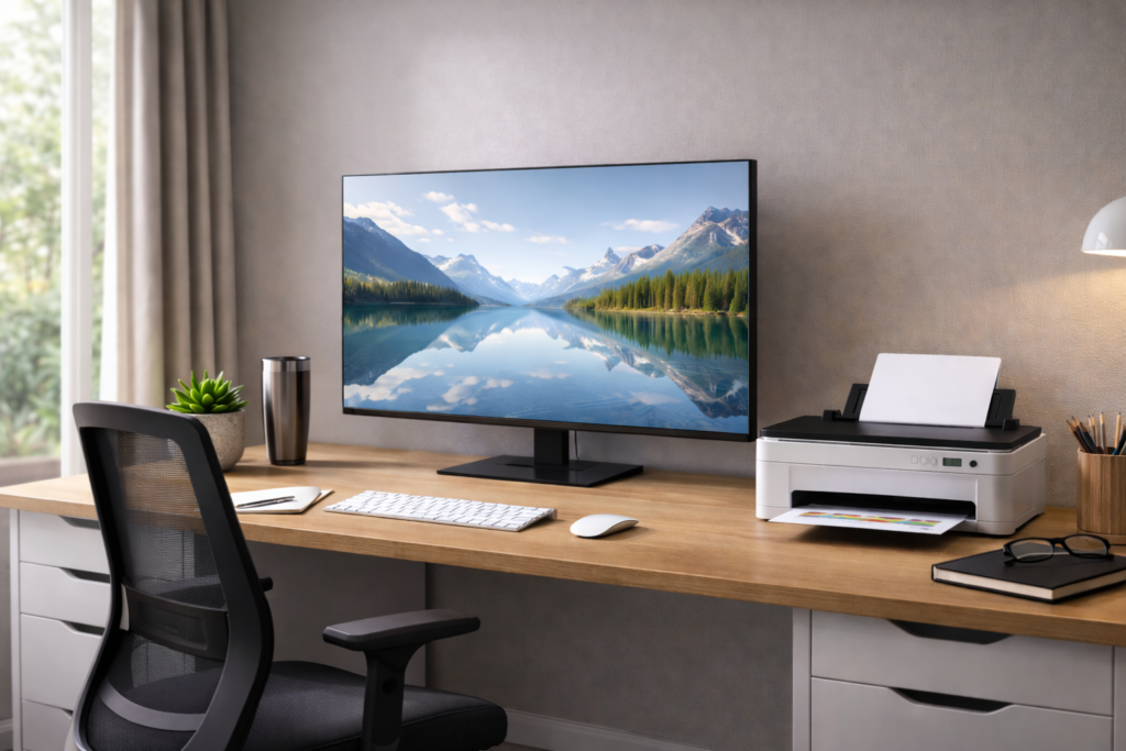Home office com computador e impressora sobre a mesa