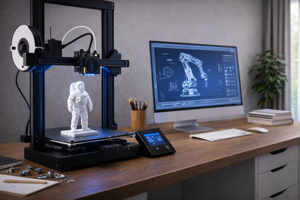 Impressora 3D funcionando em mesa de trabalho