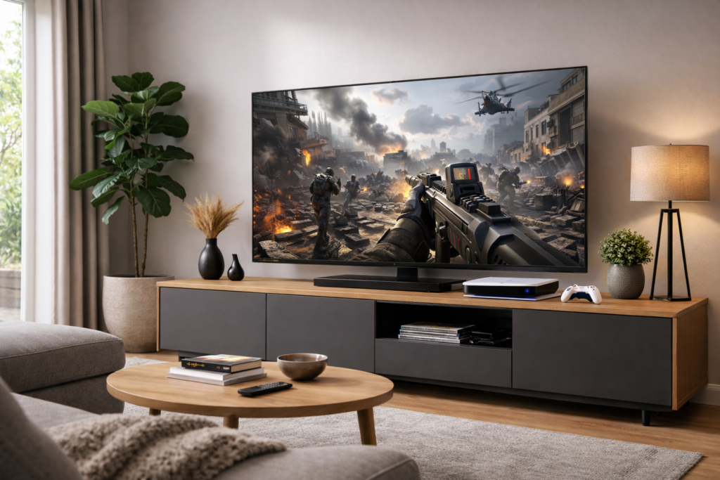 Videogame em uso conectado à televisão em sala de estar