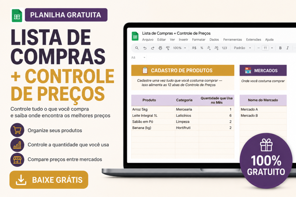 Planilha de lista de compras grátis com controle de preços